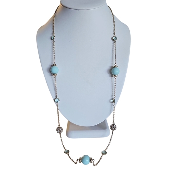 J Crew Delicate Bezel Aqua Blue Crystals Beads Rhinestones Chain Necklace 30" - Picture 1 of 6